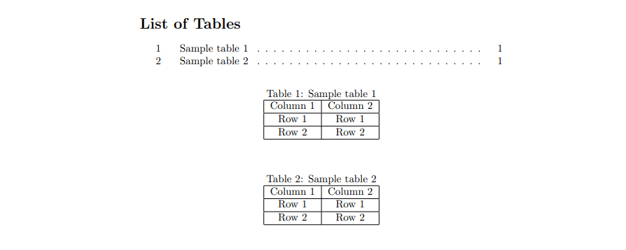 list of tables