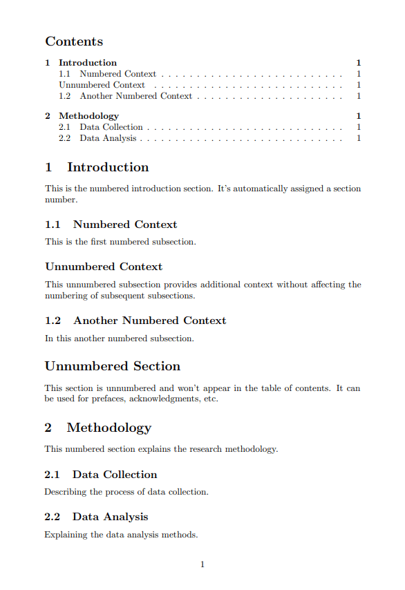 Unnumbered sections and subsections in TOC